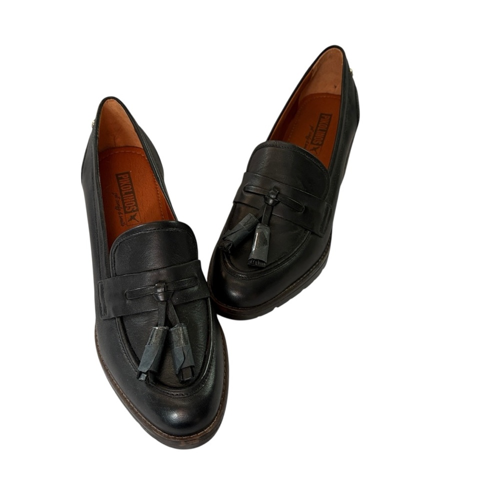 Pikolinos Llanes Black Leather Heeled Womens Loafers Size 37 EU
